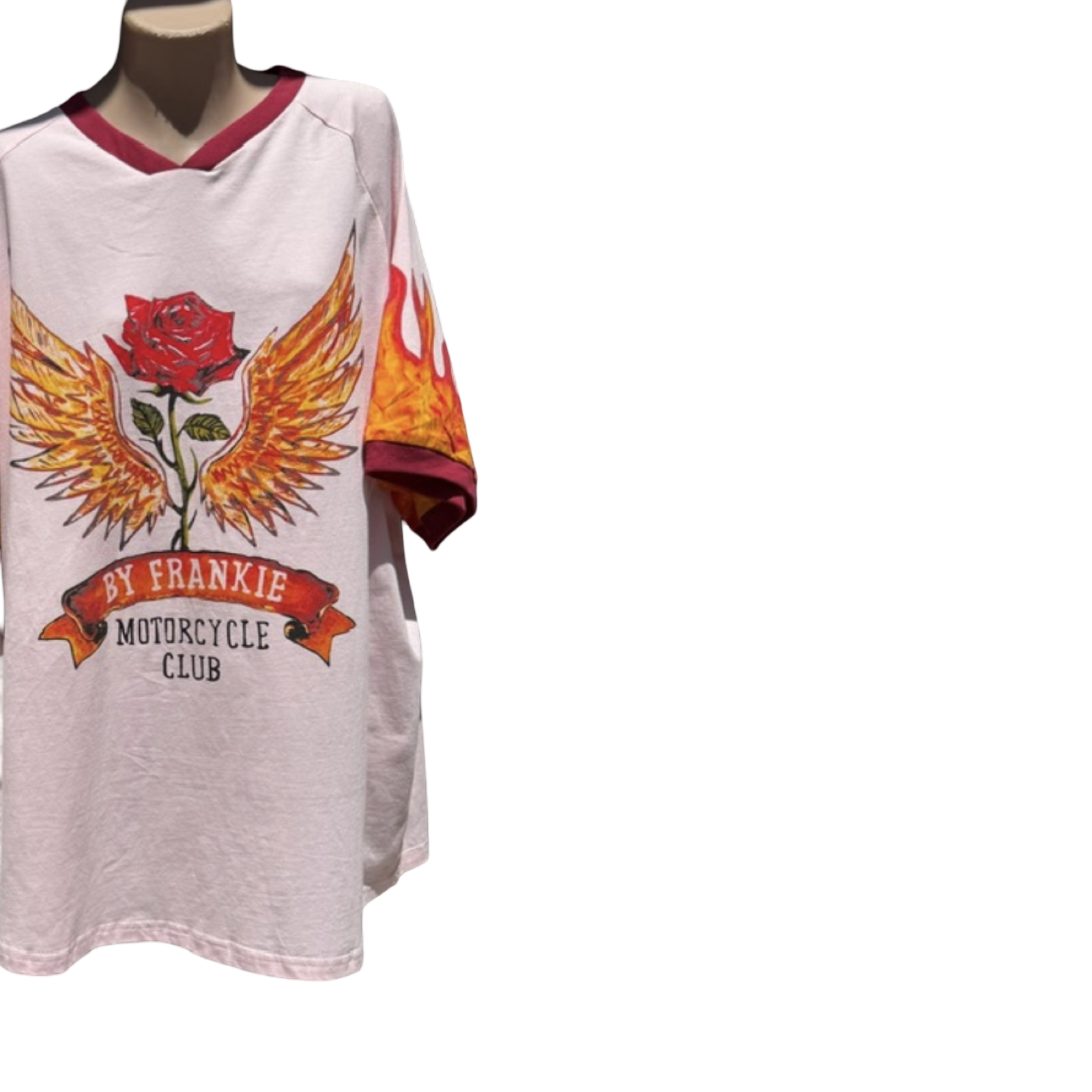 T-shirt with a red rose design and text on a mannequin against a white background