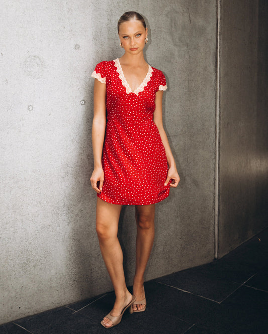 Sia Lace Trim Mini Dress Red White/Cream Trim